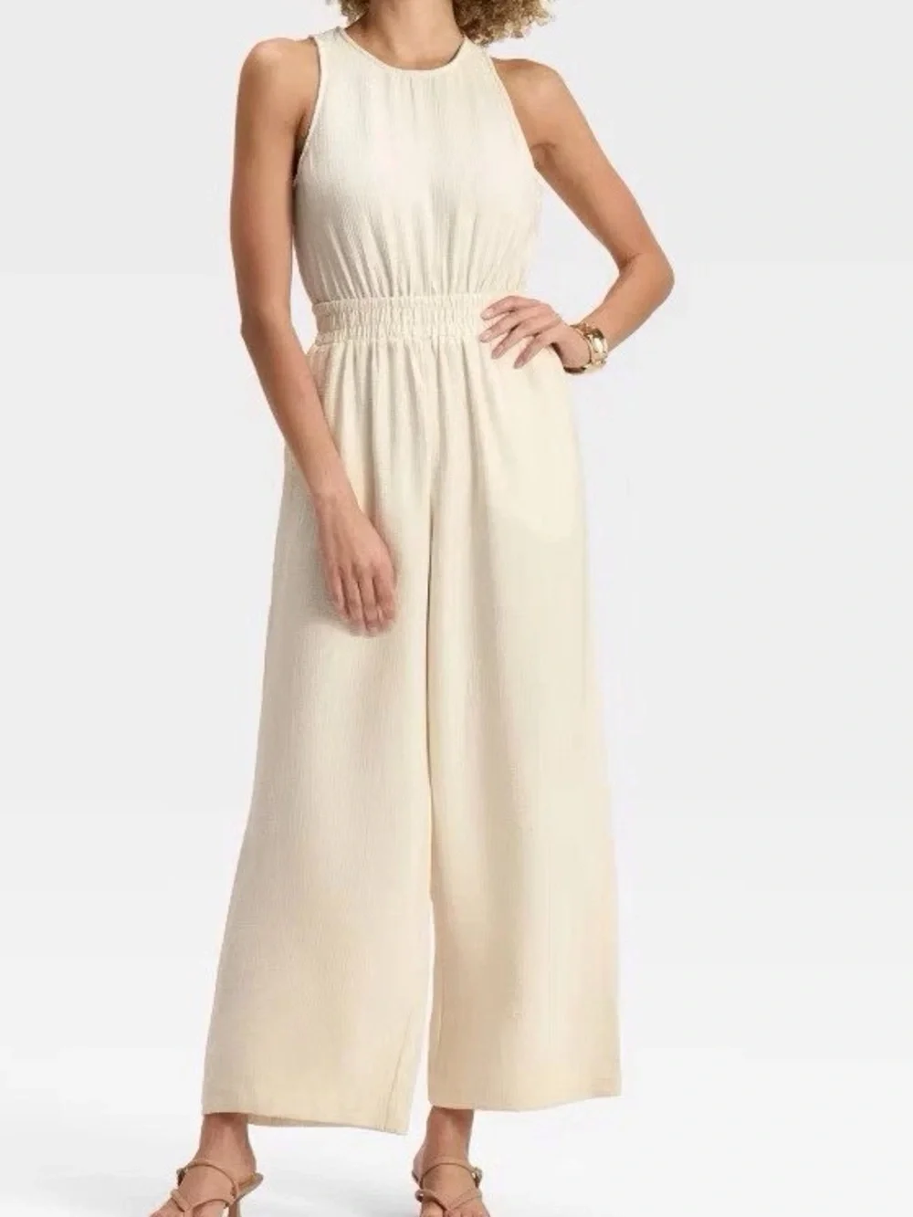 Sleeveless Cream Wide-Leg Jumpsuit with Elastic Waist - Picture 1 of 1